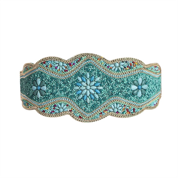 Xfvqtps Women Fashion Waistband Ethnic Style Bead Elasticity Belt Tie Wide Waist Cinchers Blue