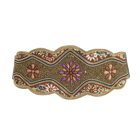 Xfvqtps Women Fashion Waistband Ethnic Style Bead Elasticity Belt Tie Wide Waist Cinchers Gold