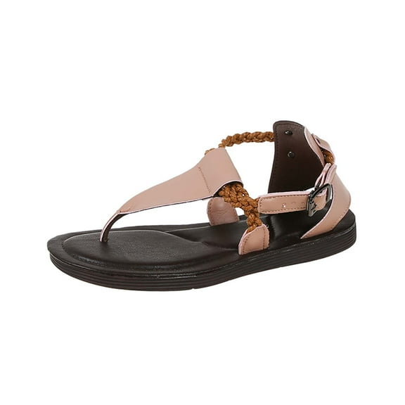 Xfvqtps Women Flat Sandals Clip Toe T-Strap Adjustable Ankle Buckle Braid Casual Outdoor Soft Sole Non Slip Comfortable Breathable Walking Summer Sandals Beige