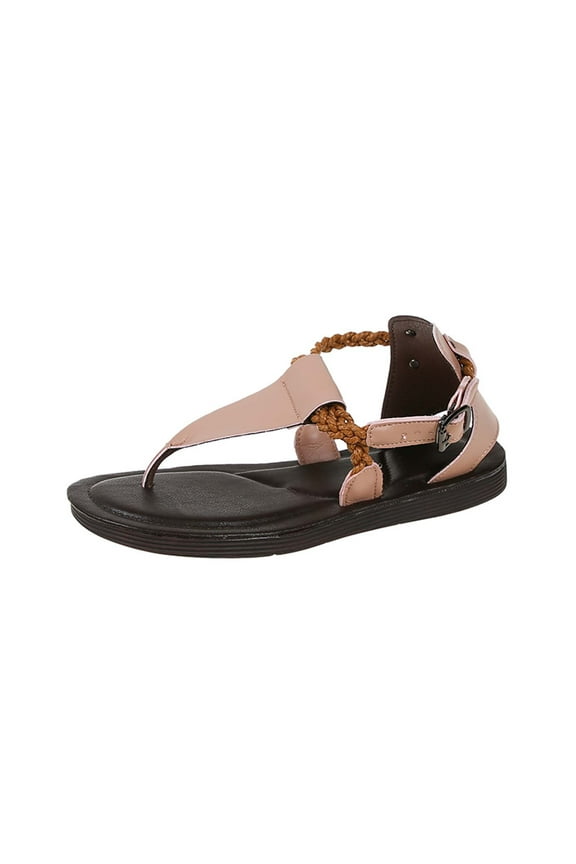 Women Flat Sandals Clip Toe T-Strap Adjustable Ankle Buckle Braid Casual Outdoor Soft Sole Non Slip Comfortable Breathable Walking Summer Sandals Beige