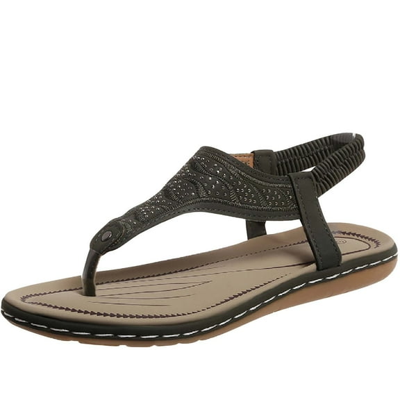 Xfvqtps Women Flat Sandals Elastic Clip Toe T-Strap Bead Embroidery Retro Casual Dressy Soft Sole Non Slip Comfortable Breathable Walking Summer Sandals Army Green