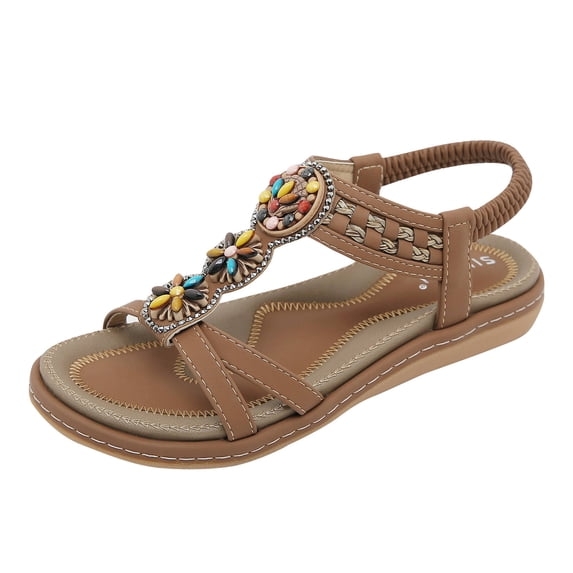Xfvqtps Women Flat Sandals Elastic Open Toe Colorful Beads Decoration Bohemian Casual Dressy Soft Sole Non Slip Comfortable Breathable Walking Summer Sandals Yellow