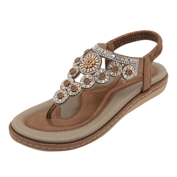 Xfvqtps Women Flat Sandals T-Strap Clip Toe Flip Flops Elastic Rhinestone Decoration Retro Casual Dressy Soft Sole Non Slip Comfortable Breathable Walking Summer Sandals Brown