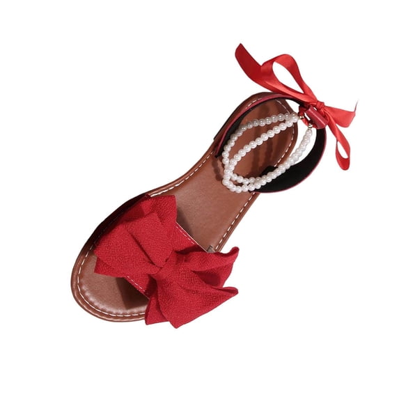Xfvqtps Women Flat Sandals with Pearl Bowknot Straps Lace up Open Toe Non Slip for Summer Casual and Dressy Outfits