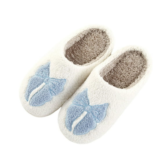 Xfvqtps Women Fluffy Slippers Bow Embroidery Versatile Indoor Home Funny Winter Non-Slip Plush Slippers Blue