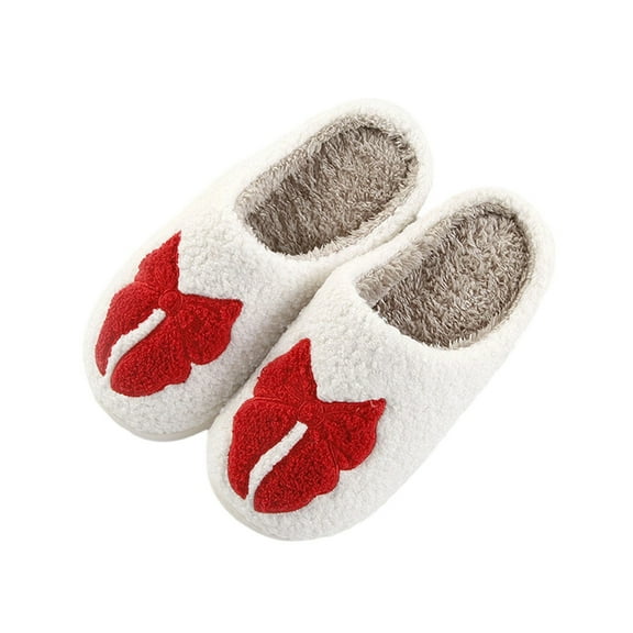 Xfvqtps Women Fluffy Slippers Bow Embroidery Versatile Indoor Home Funny Winter Non-Slip Plush Slippers Red