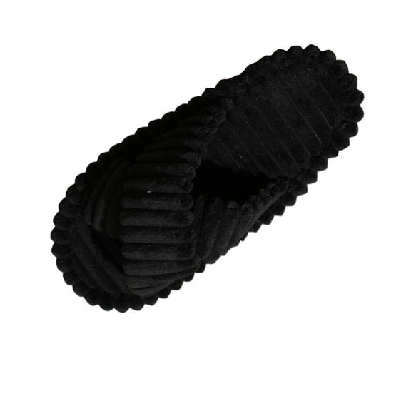 Xfvqtps Women Fluffy Slippers Cross Strap Stripe Open Toe Versatile Indoor Home Funny Winter Non-Slip Thick Sole Plush Slippers Black