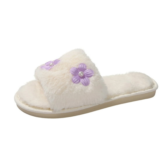 Xfvqtps Women Fluffy Slippers Cute Flower Pearl Decor Open Toe Non-Slip Warm Comfortable Winter Indoor Home Plush Slippers White