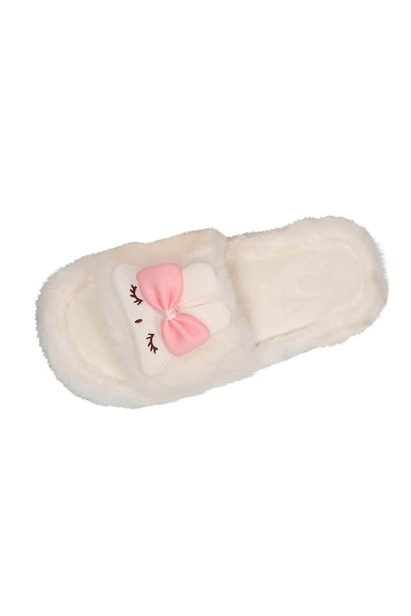 Women Fluffy Slippers Cute Rabbit Decor Open Toe Non-Slip Warm Comfortable Winter Indoor Home Plush Slippers White