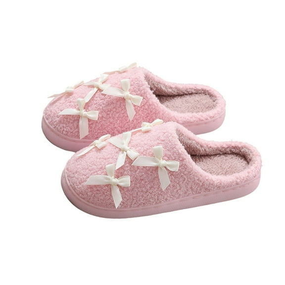 Xfvqtps Women Fluffy Slippers Lace Bow Versatile Cute Indoor Home Funny Winter Non-Slip Thick Sole Plush Slippers Pink