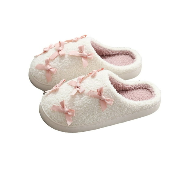 Xfvqtps Women Fluffy Slippers Lace Bow Versatile Cute Indoor Home Funny Winter Non-Slip Thick Sole Plush Slippers White
