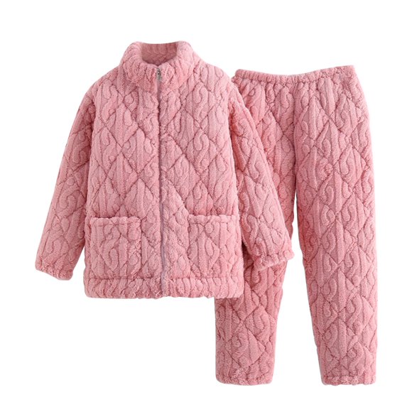 Xfvqtps Women Fuzzy Pajama Set with Pockets Stand Collar Open Front with Zipper Long Sleeve Solid Color Ribbed Pattern Thickened Cozy Soft House Casual Warm Winter Top Pants Set Pink