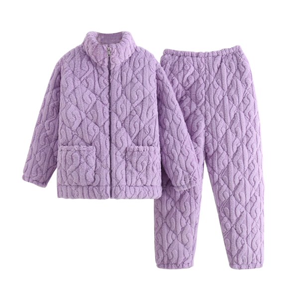 Xfvqtps Women Fuzzy Pajama Set with Pockets Stand Collar Open Front with Zipper Long Sleeve Solid Color Ribbed Pattern Thickened Cozy Soft House Casual Warm Winter Top Pants Set Purple