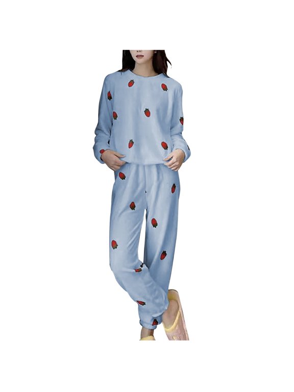 Women Fuzzy Pajama Set Pullover Strawberry Print Cute Long Sleeve Long Leg Thickened Cozy Soft House Leisure Wear Casual Warm Winter Flannel Top and Pants Set Blue