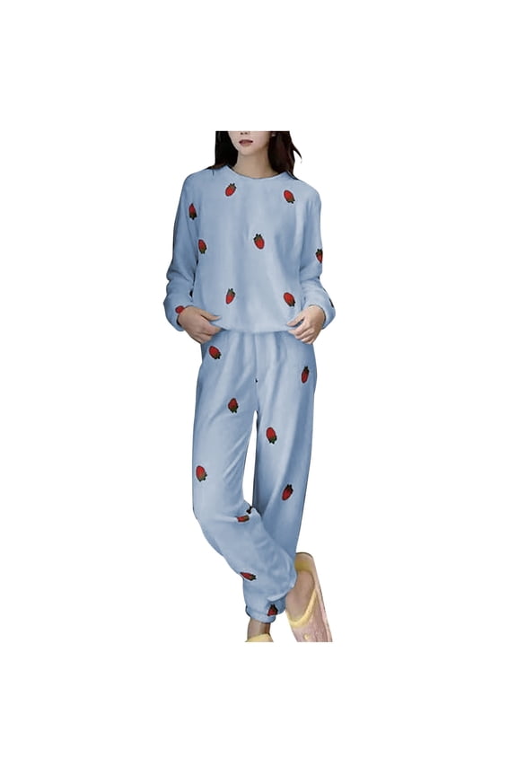 Women Fuzzy Pajama Set Pullover Strawberry Print Cute Long Sleeve Long Leg Thickened Cozy Soft House Leisure Wear Casual Warm Winter Flannel Top and Pants Set Blue
