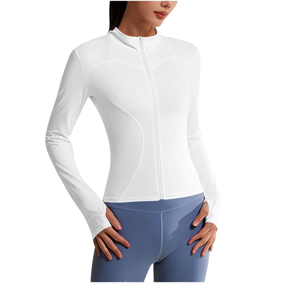 Xfvqtps Women Gym Jacket Full Zip up Cooling Sun Protection Lightweight Cropped Workout Jacket Running Athletic Top with Thumb Hole White
