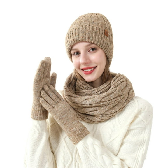 Xfvqtps Women Hat Scarf Glove Set Knit with Plush Lined Colorful Sequins Touchscreen Winter Warm Stretchy Extended Beanie Neck Warmer Gloves Set Khaki