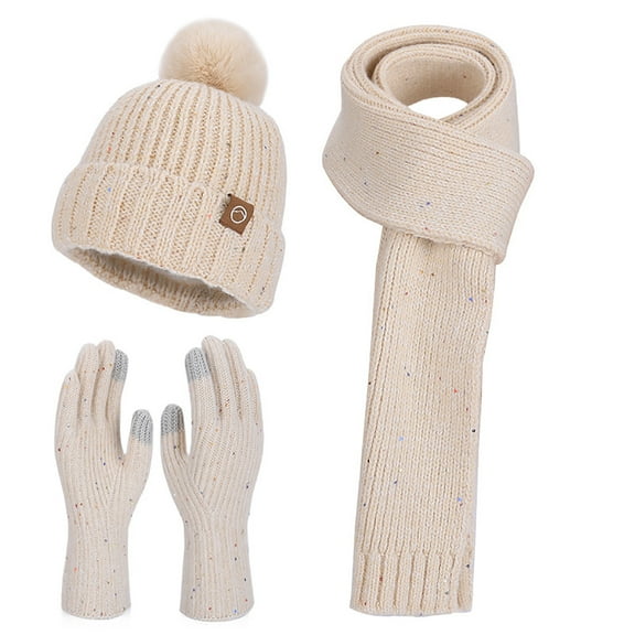 Xfvqtps Women Hat Scarf Glove Set Knit Plush Pompom Solid Color Touchscreen Winter Warm Stretchy Extended Beanie Neck Warmer Gloves Set Beige