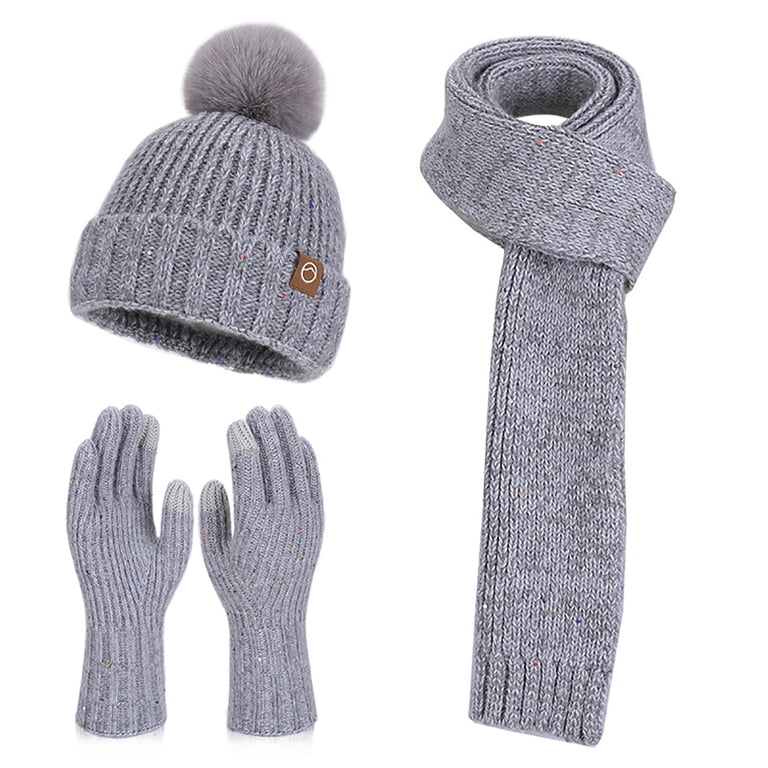 Xfvqtps Women Hat Scarf Glove Set Knit Plush Pompom Solid  display picture 2