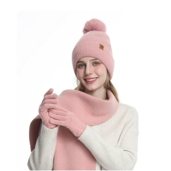 Xfvqtps Women Hat Scarf Glove Set Knit Plush Pompom Solid Color Touchscreen Winter Warm Stretchy Extended Beanie Neck Warmer Gloves Set Pink