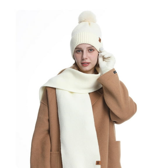Xfvqtps Women Hat Scarf Glove Set Knit Plush Pompom Solid Color Touchscreen Winter Warm Stretchy Extended Beanie Neck Warmer Gloves Set White