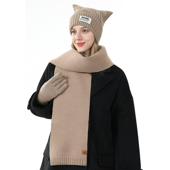 Xfvqtps Women Hat Scarf Glove Set Knit Square Hat Solid Color Touchscreen Winter Warm Stretchy Extended Beanie Neck Warmer Gloves Set Khaki