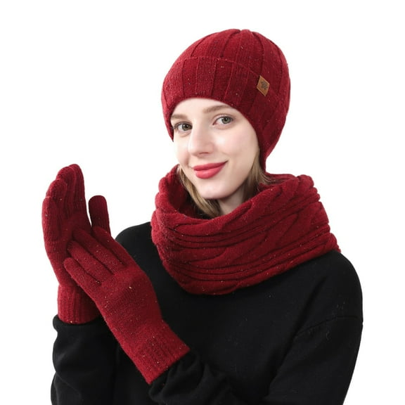 Xfvqtps Women Hat Scarf Glove Set Knit with Plush Lined Colorful Sequins Touchscreen Winter Warm Stretchy Extended Beanie Neck Warmer Gloves Set Red