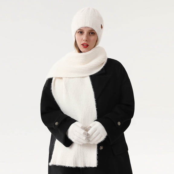 Xfvqtps Women Hat Scarf Glove Set Knit with Plush Lined Solid Color Touchscreen Winter Warm Stretchy Extended Beanie Neck Warmer Gloves Set White