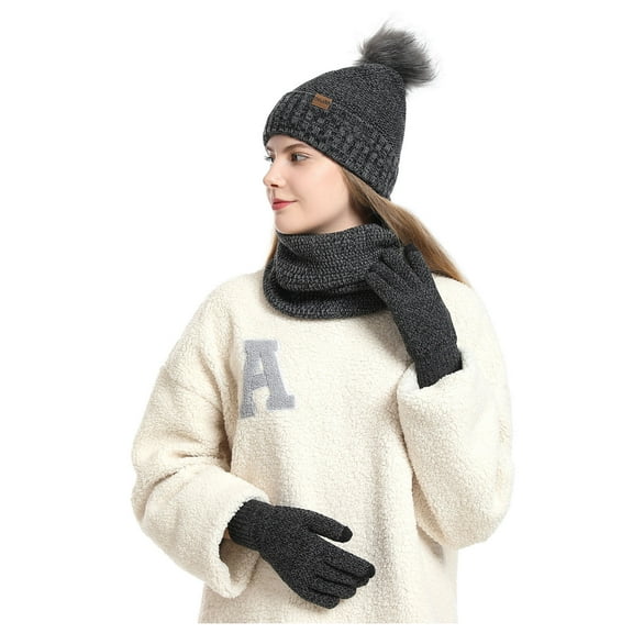 Xfvqtps Women Hat Scarf Glove Set with Plush Lined Pompom Winter Warm Knit Stretchy Extended Beanie Neck Warmer Gloves Set Dark Gray