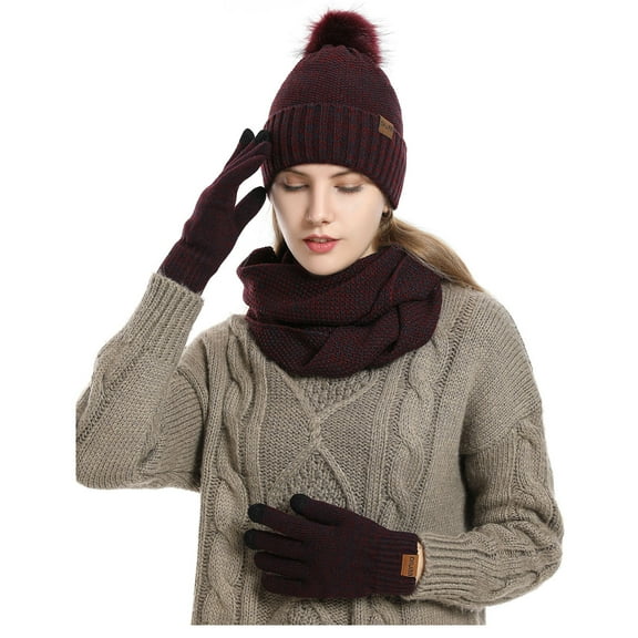 Xfvqtps Women Hat Scarf Glove Set with Plush Lined Pompom Winter Warm Knit Stretchy Extended Beanie Neck Warmer Gloves Set Wine