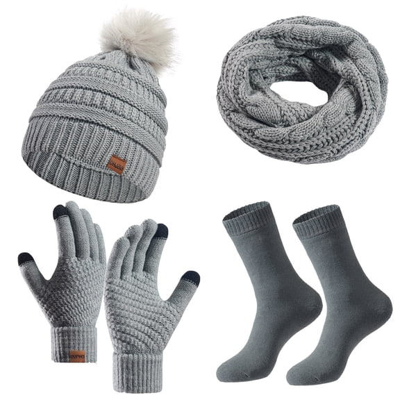 Xfvqtps Women Hat Scarf Glove Socks Set with Plush Lined Pompom Winter Warm Knit Stretchy Extended Beanie Neck Warmer Gloves Socks Set Gray
