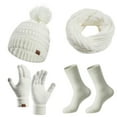 thumbnail image 1 of Xfvqtps Women Hat Scarf Glove Socks Set with Plush Lined Pompom Winter Warm Knit Stretchy Extended Beanie Neck Warmer Gloves Socks Set White, 1 of 7