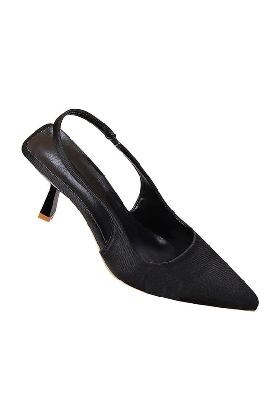 Women High Heeled Shoes Pointy Toe Chunky Heel PU Slingback Ankle Strap Sandals The New Summer Large Size Pointed Soft Leather Bag Head To Match Black