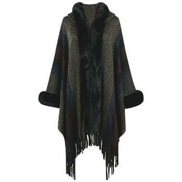 Xfvqtps Women Hooded Cape Faux Fur Collar Cloak Plush Cuff Fringed Hem Open Front Color Blocking Long Crochet Loose Windproof Coldproof Warm Winter Long Coat Black