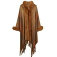 thumbnail image 1 of Xfvqtps Women Hooded Cape Faux Fur Collar Cloak Plush Cuff Fringed Hem Open Front Color Blocking Long Crochet Loose Windproof Coldproof Warm Winter Long Coat Khaki, 1 of 1