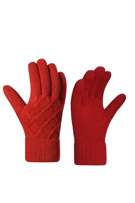 Women Knit Gloves Touchscreen Solid Color Plaid Winter Warm Stretchy Mittens for Women Red