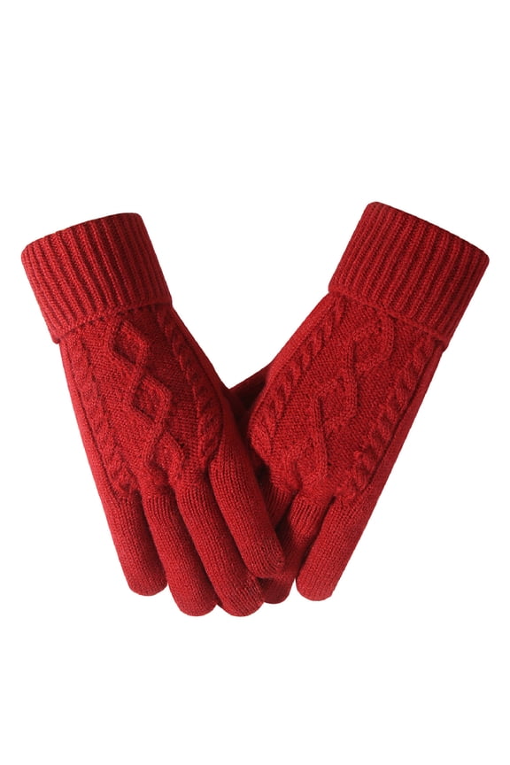 Women Knit Gloves Touchscreen Solid Color Rib Winter Warm Stretchy Mittens for Women Red