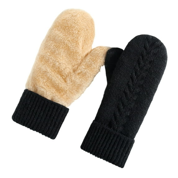 Xfvqtps Women Knit Mittens with Plush Lined Warm Winter Gloves Rib Thickened Cozy Soft Stretchy Extended Gloves for Women Black