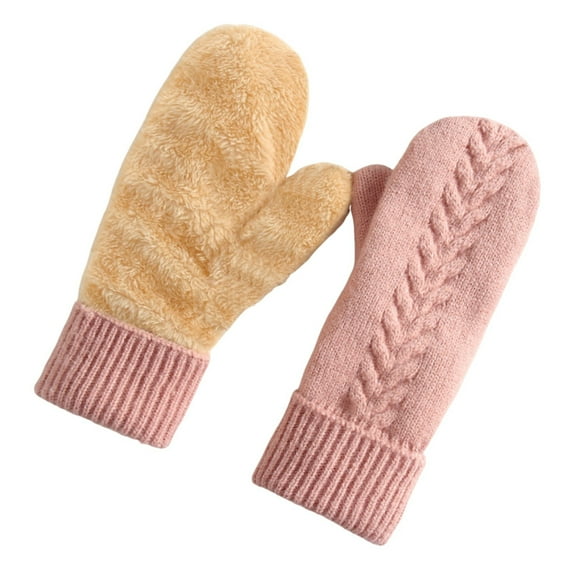 Xfvqtps Women Knit Mittens with Plush Lined Warm Winter Gloves Rib Thickened Cozy Soft Stretchy Extended Gloves for Women Pink