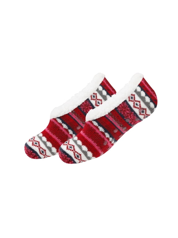 Women Knit Socks with Grips Plush Lined Thick Winter Warm No Show Non Slip Home Floor Socks Wine