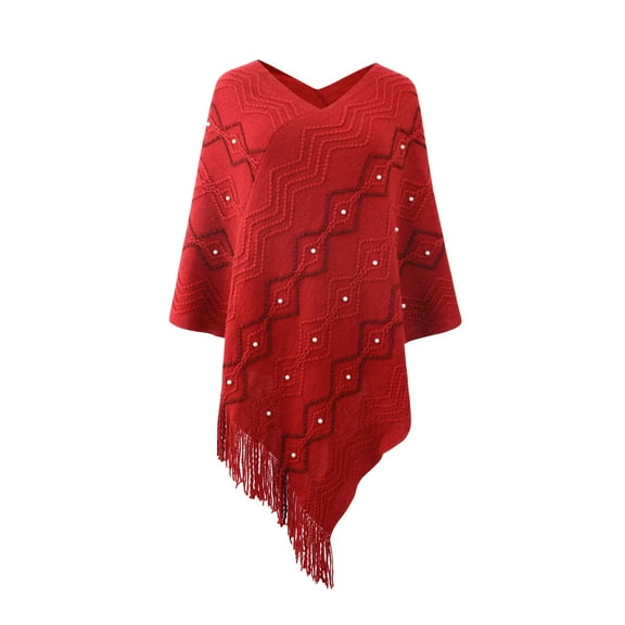 Xfvqtps Women Knit Sweater 3/4 Sleeve Pullover Asymmetric Fringed Hem V Neck Pearl Decoration Wavy Pattern Simplicity Fashion Oversized Fall Winter Sweaters Casual Long Coat Red