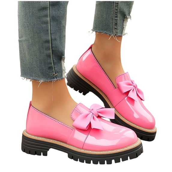 Xfvqtps Women Loafers with Bow Thick Sole Chunky Heel Patent Leather Slip on Office Work Business School Dressy Casual Shoes