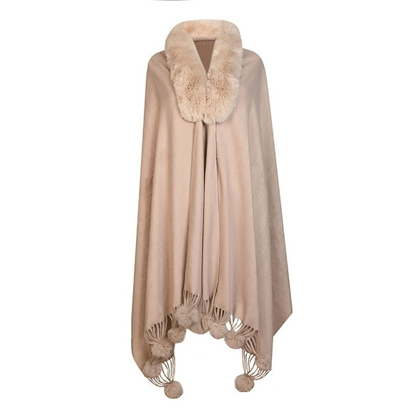 Xfvqtps Women Long Cape Faux Fur Collar Cloak Tassel Hem with Plush Pompom Open Front Solid Color Thickened Warm Loose Windproof Coldproof Warm Winter Long Coat Khaki