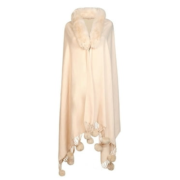 Xfvqtps Women Long Cape Faux Fur Collar Cloak Tassel Hem with Plush Pompom Open Front Solid Color Thickened Warm Loose Windproof Coldproof Warm Winter Long Coat Beige