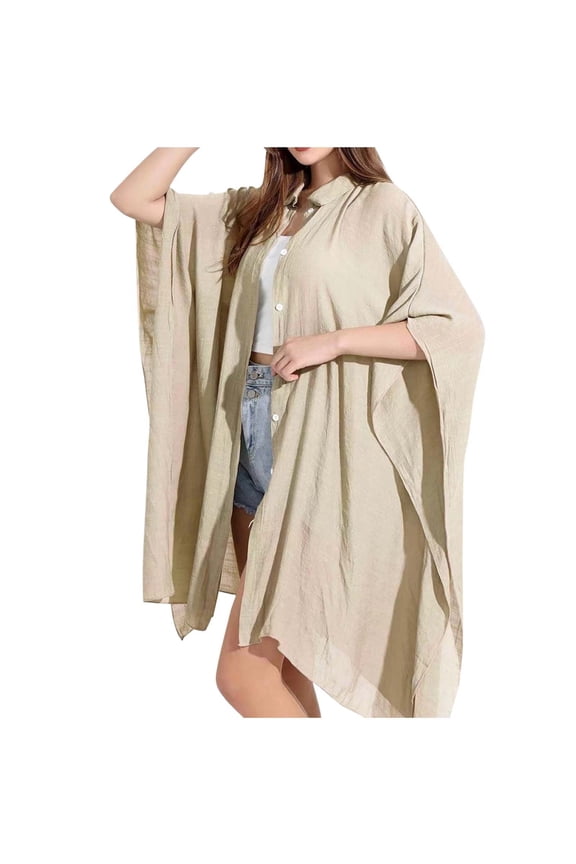 Women Long Cape Large Size Solid Color Flip Collar Button Loose Comfortable Shawl Wraps Beige