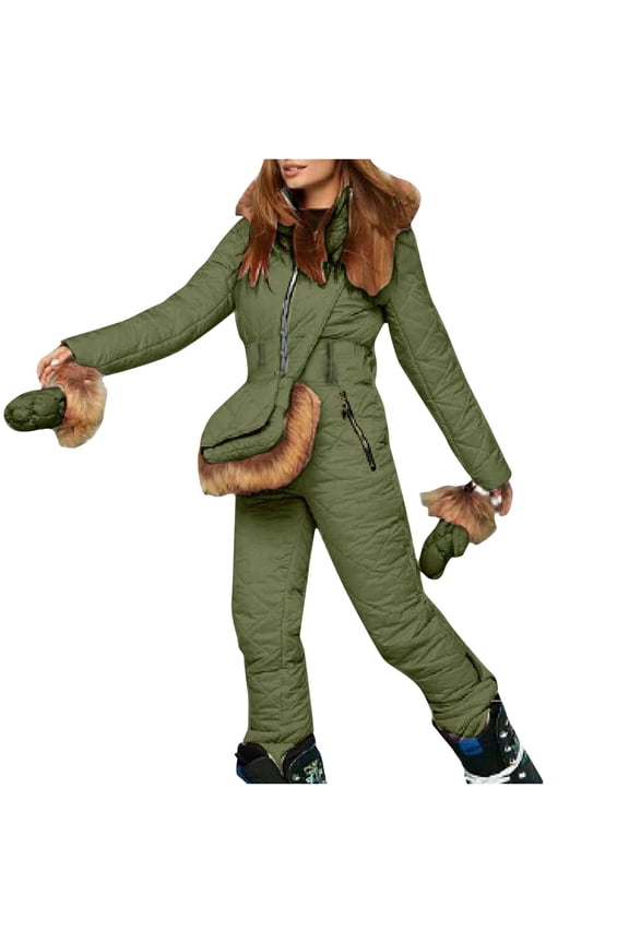 Women One Piece Snowsuits with Glove and Bag Snowboarding Suit Hooded Solid Color Fake Fur Windproof Outdoor Winter Warm Ski Suits Jumpsuits Green