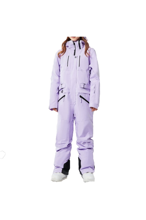 Women One Piece Snowsuits Snowboarding Suit Hooded Color Blocked Pockets Adjustable Waterproof Windproof Outdoor Winter Warm Ski Suits Jumpsuits Purple