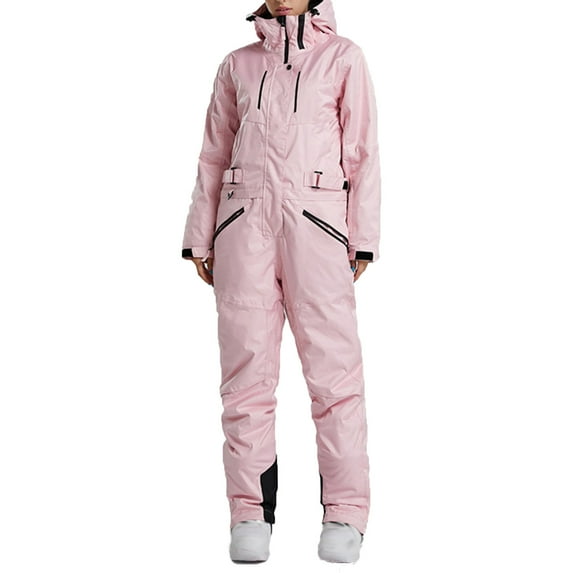 Xfvqtps Women One Piece Snowsuits Snowboarding Suit Hooded Color Blocked Pockets Adjustable Waterproof Windproof Outdoor Winter Warm Ski Suits Jumpsuits Pink