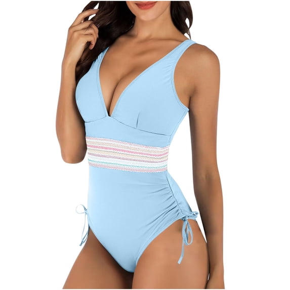 Xfvqtps Women One Piece Swimsuit Embroidery Waist V Neck Side Drawstring Tummy Control Slimming Bathing Suit for Beach Light Blue