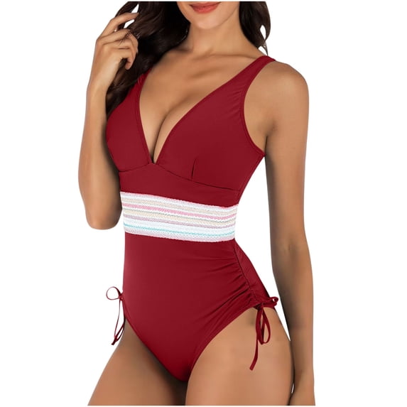 Xfvqtps Women One Piece Swimsuit Embroidery Waist V Neck Side Drawstring Tummy Control Slimming Bathing Suit for Beach Red